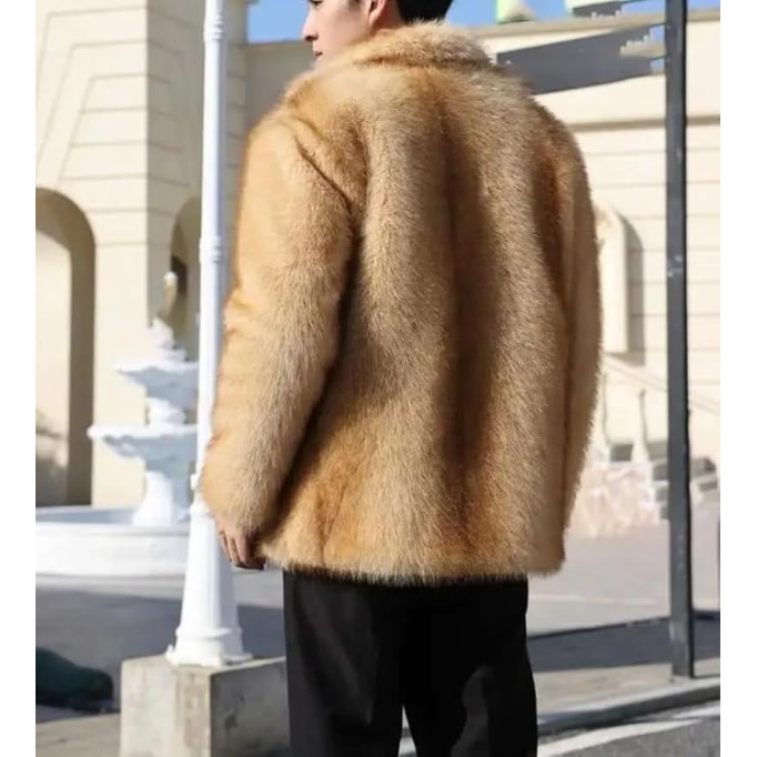 Men's Faux Fur Jacket Casual Turn-Down Collar Long Sleeve Winter Parka Coat