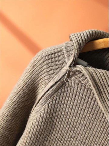 Women's Lapel, Diagonal Zippered, Thickened, Casual, Loose Knit Sweater
