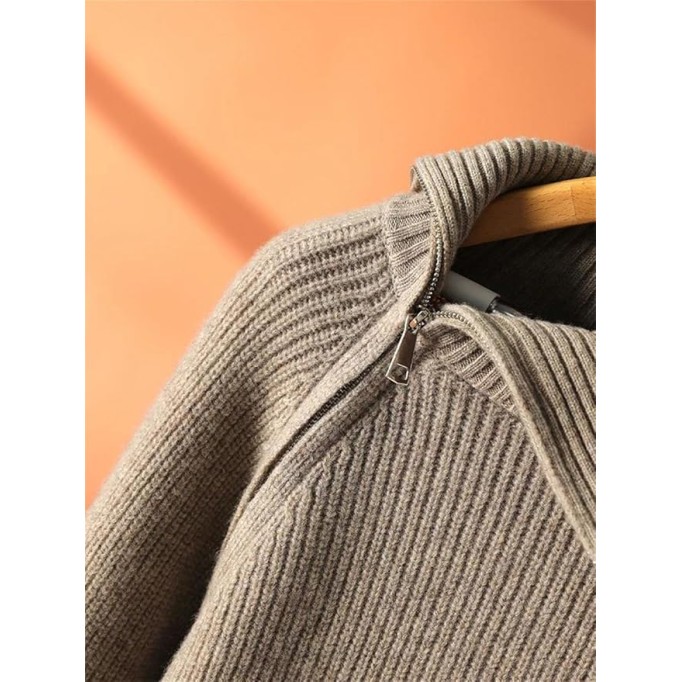 Women's Lapel, Diagonal Zippered, Thickened, Casual, Loose Knit Sweater