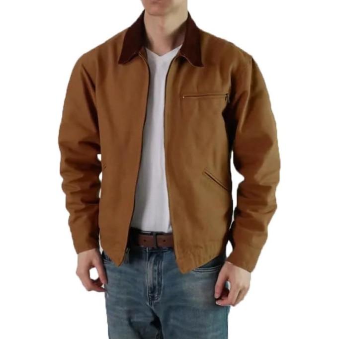Men's Vintage Canvas Bomber Jacket, Retro Casual, Multi-Pocket Design, Loose Fit Fall Coat