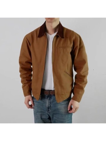 Men's Vintage Canvas Bomber Jacket, Retro Casual, Multi-Pocket Design, Loose Fit Fall Coat