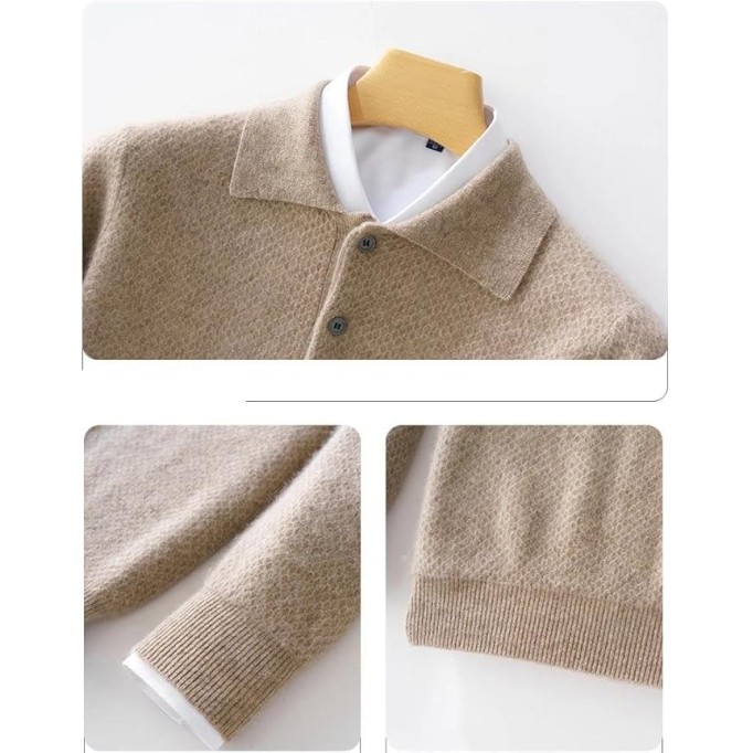 Men Wool Warm Sweater Lapel Solid Pullover Knit Tops Buttons Casual Loose Shirts Jumper