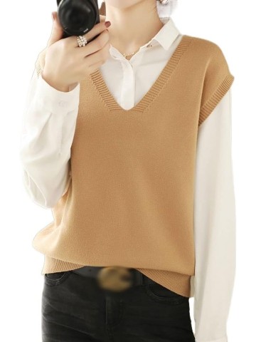 Spring V-Neck Loose Short Women's External Pullover Knitted Sweater Solid Color Vest Undershirt
