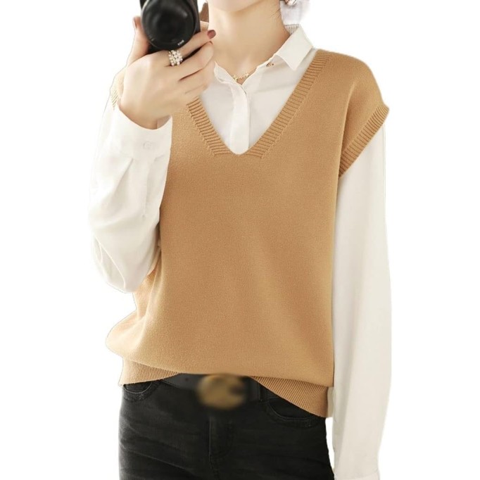 Spring V-Neck Loose Short Women's External Pullover Knitted Sweater Solid Color Vest Undershirt