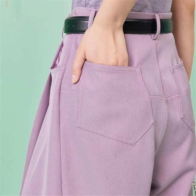 Women's Solid Color High-Waisted Multi-Pocket Spring/Summer Loose Straight-Leg Wide-Leg Pants
