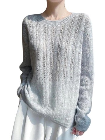 Women Long Sleeve Sweater Round Neck Hollow Pullover Vintage Loose Knit Blouse