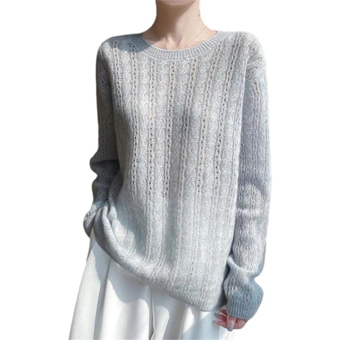 Women Long Sleeve Sweater Round Neck Hollow Pullover Vintage Loose Knit Blouse