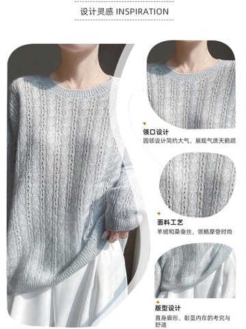 Women Long Sleeve Sweater Round Neck Hollow Pullover Vintage Loose Knit Blouse