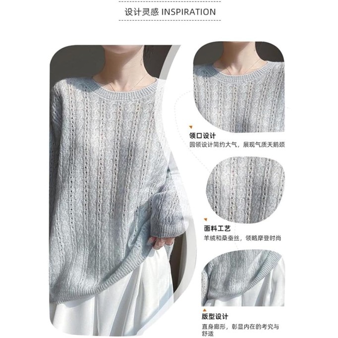 Women Long Sleeve Sweater Round Neck Hollow Pullover Vintage Loose Knit Blouse